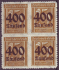 4x 298 Ziffer im Rechteck mit Aufdruck 400 Tausend auf 25 Pf Deutsches Reich