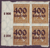 4x 299 Ziffer im Rechteck mit Aufdruck 400 Tausend auf 30 Pf Deutsches Reich